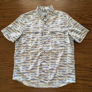 LL Bean Fishing Shirt Men LRG Blue Fish Print UPF 50+ Vented Button Down Angler